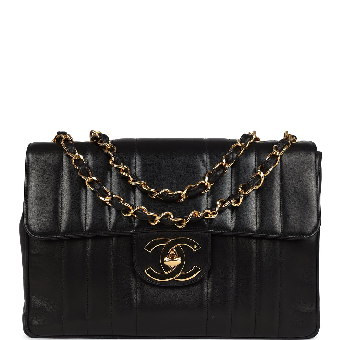 Chanel Jumbo Mademoiselle Vertical Flap Black Lambskin Gold Hardware