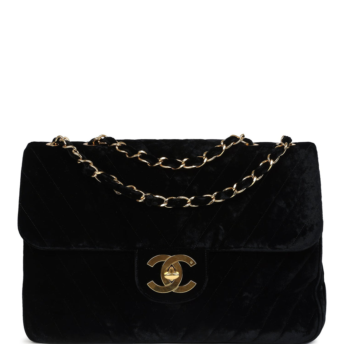 Vintage Chanel XL Chevron Single Flap Bag Black Velvet Gold Hardware