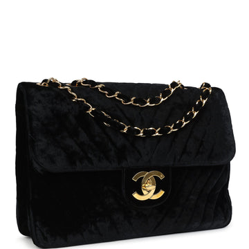 Vintage Chanel XL Chevron Single Flap Bag Black Velvet Gold Hardware
