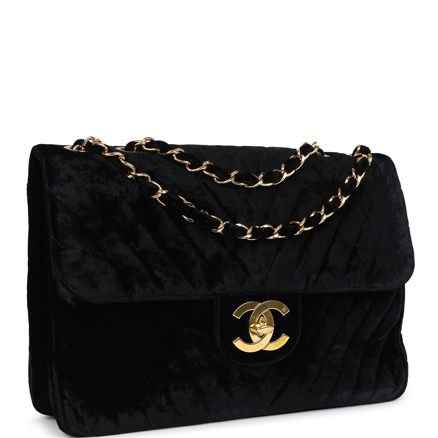 Chanel XL Chevron Single Flap Bag Black Velvet Gold Hardware