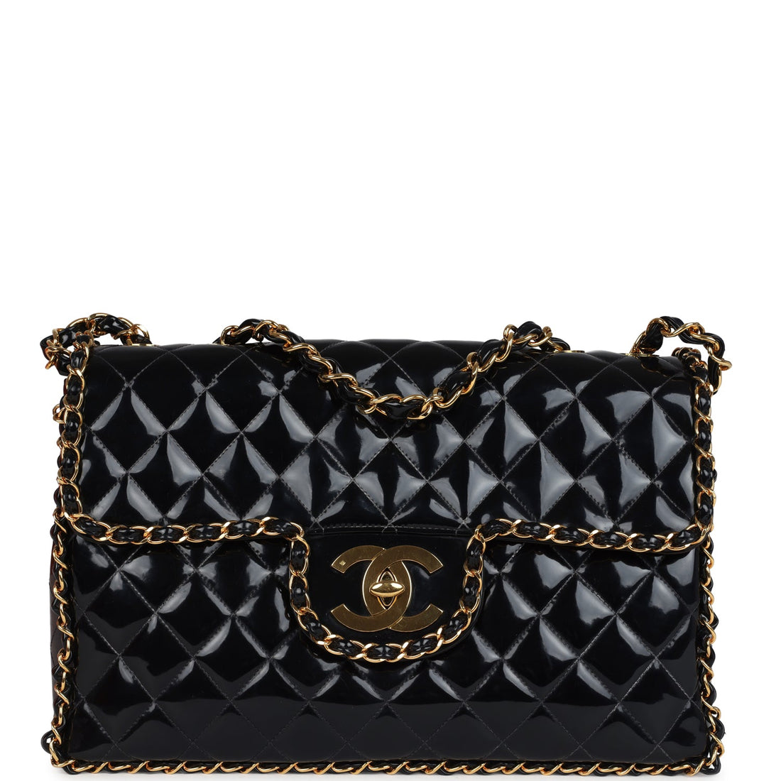 Vintage Chanel Maxi Chain Around Single Flap Bag Black Patent Gold Hardware