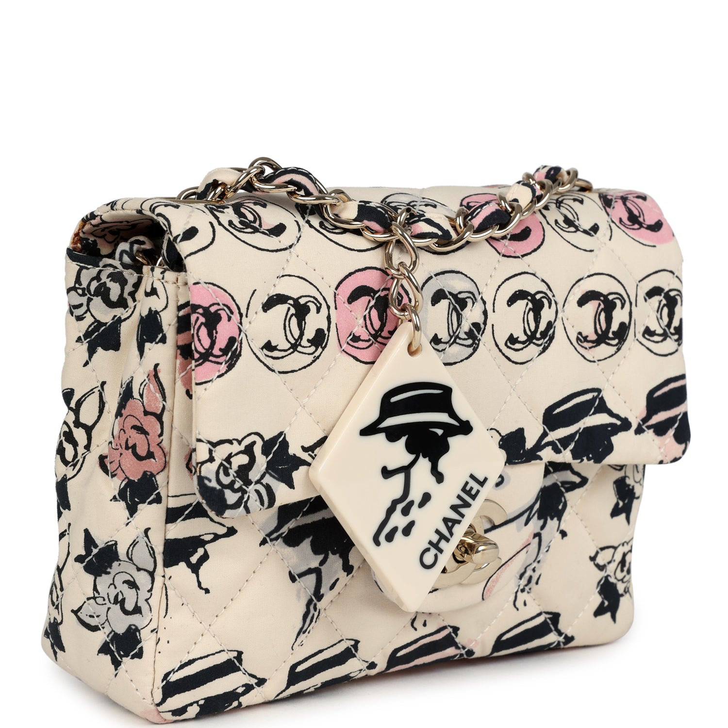 Chanel Mini Logo Square Flap Bag Light Pink Multi Printed Nylon Light Gold Hardware