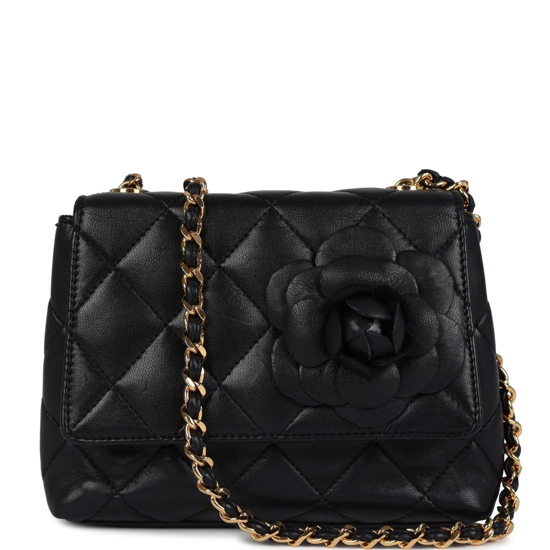Vintage Chanel Mini Camellia Flap Bag Black Lambskin Gold Hardware