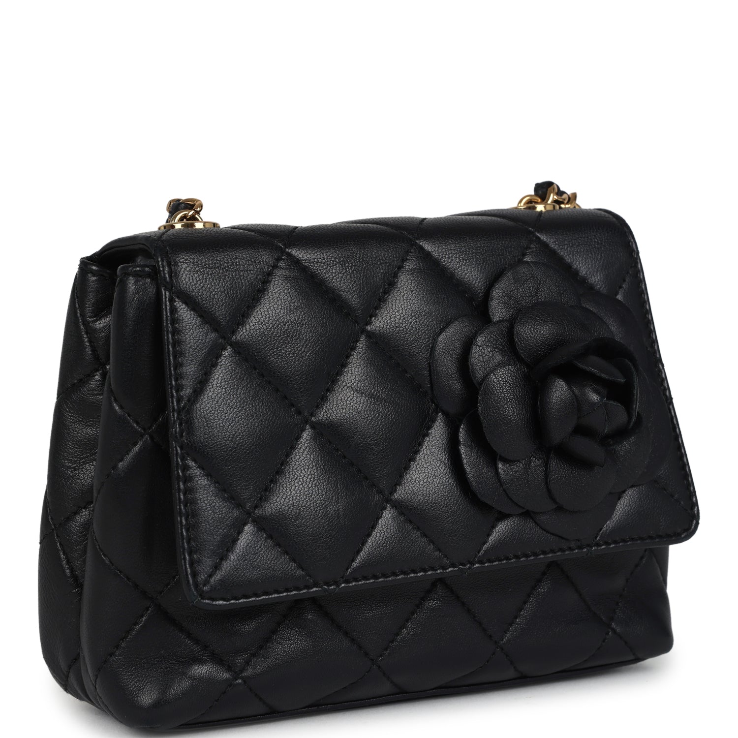 Vintage Chanel Mini Camellia Flap Bag Black Lambskin Gold Hardware