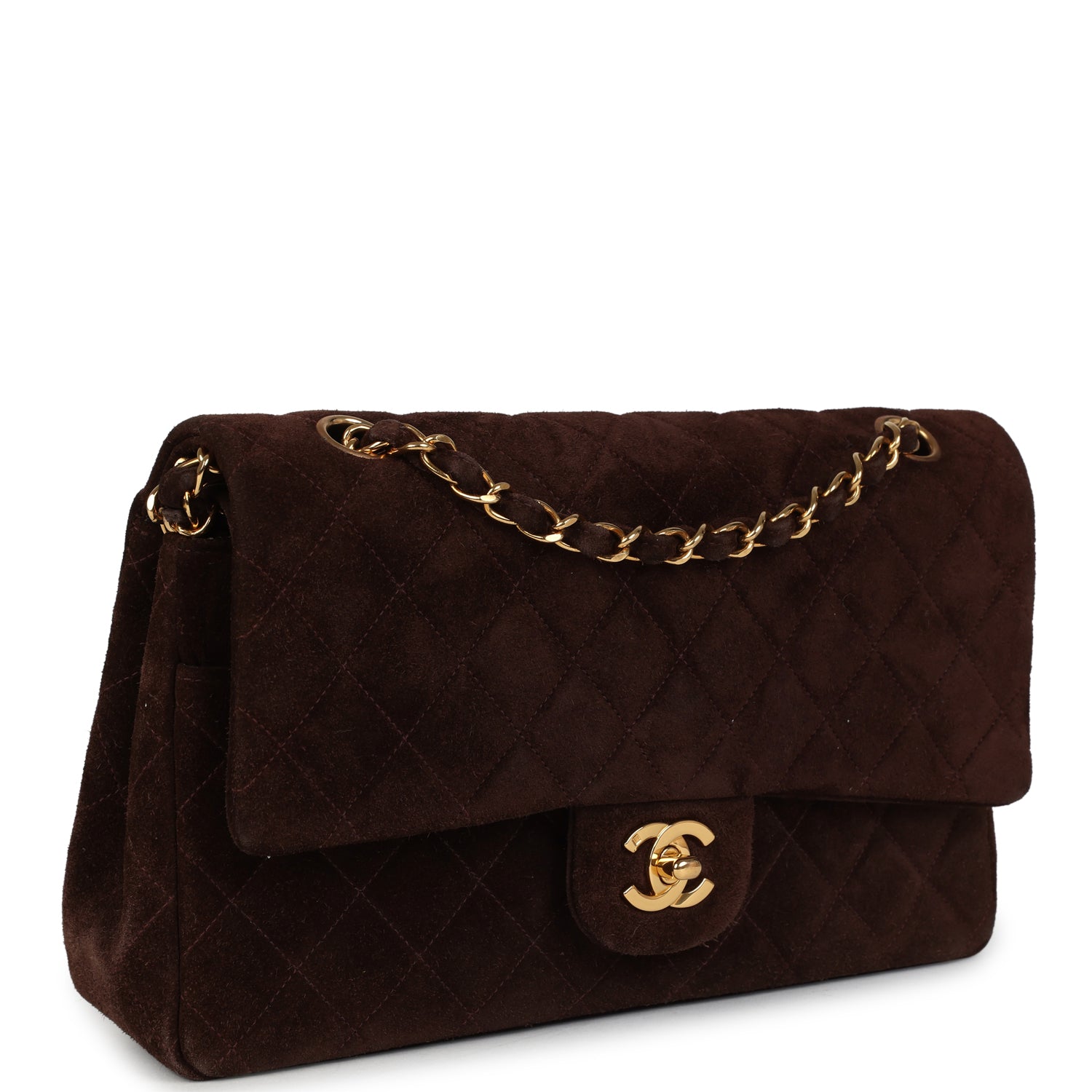 Vintage Chanel Medium Classic Double Flap Bag Brown Suede Gold Hardware