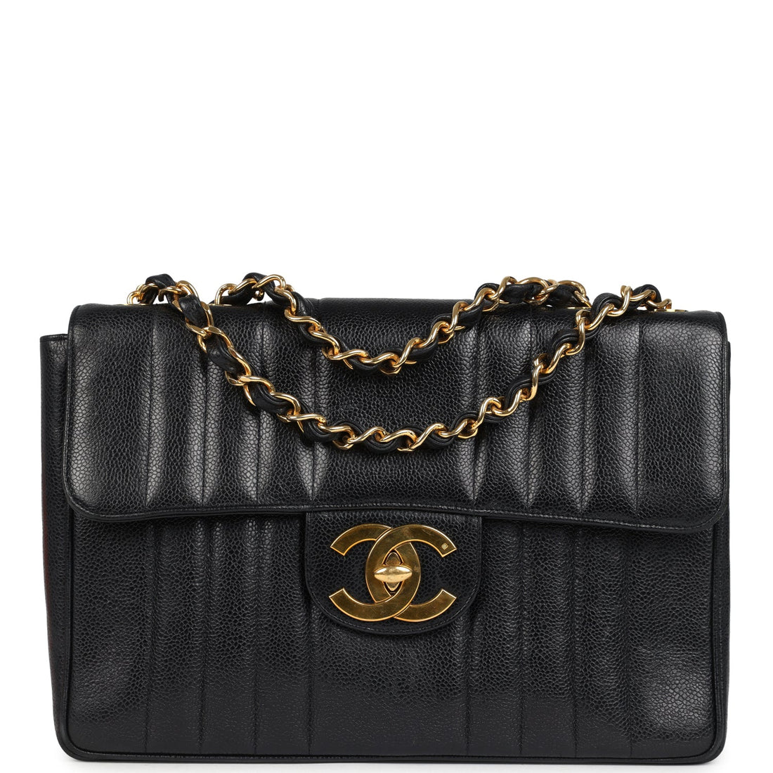 Chanel Jumbo Mademoiselle Vertical Flap Black Caviar Gold Hardware