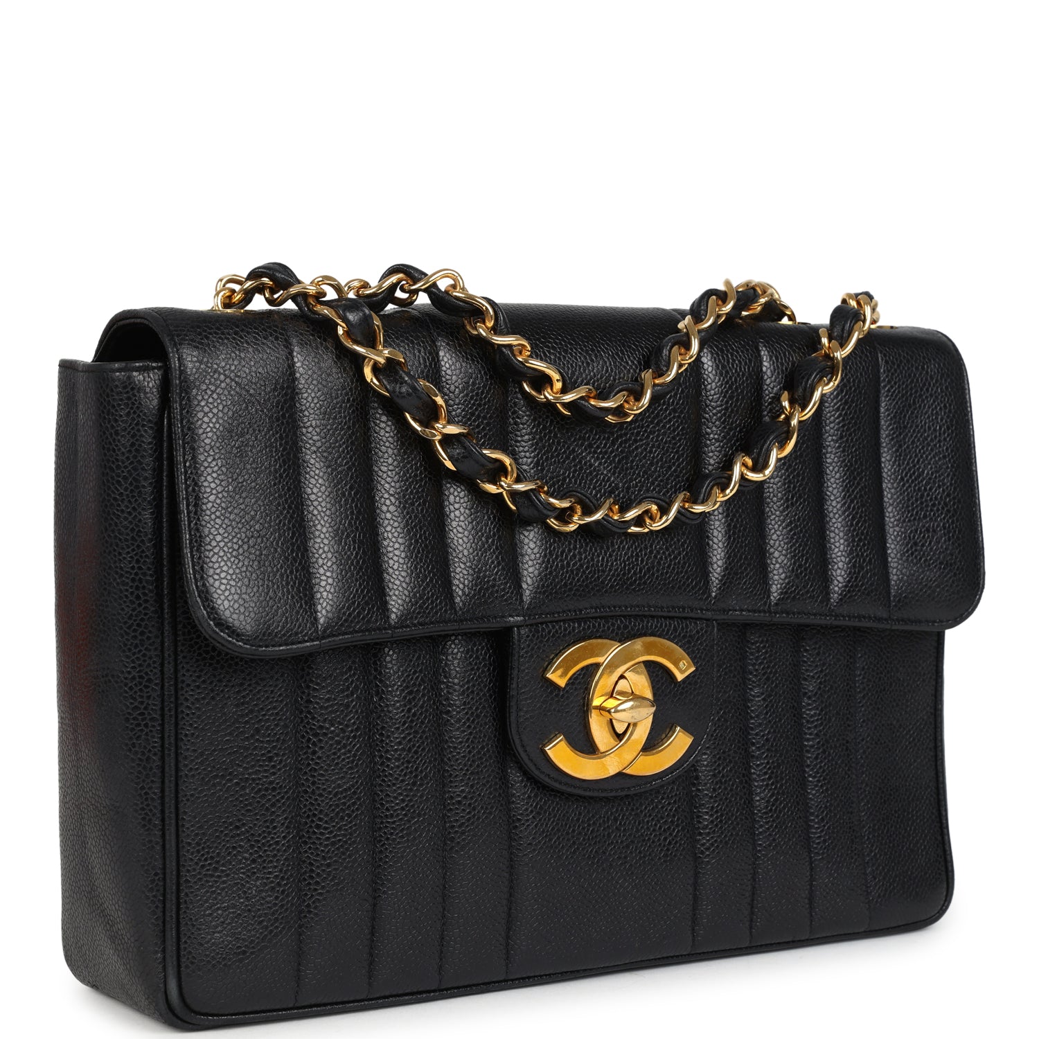 Vintage Chanel Jumbo Mademoiselle Vertical Flap Black Caviar Gold Hardware
