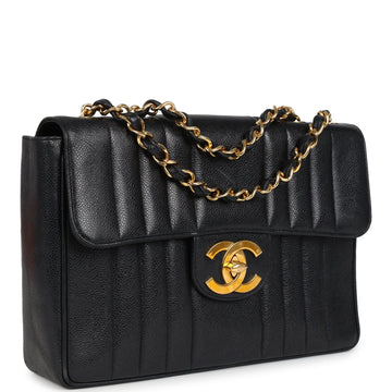 Vintage Chanel Jumbo Mademoiselle Vertical Flap Black Caviar Gold Hardware
