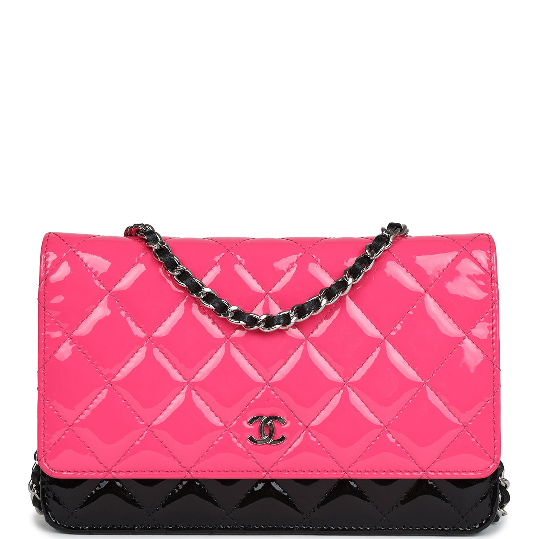 New Chanel Classic Wallet On Chain WOC Pink & Black Patent Leather Silver Hardware