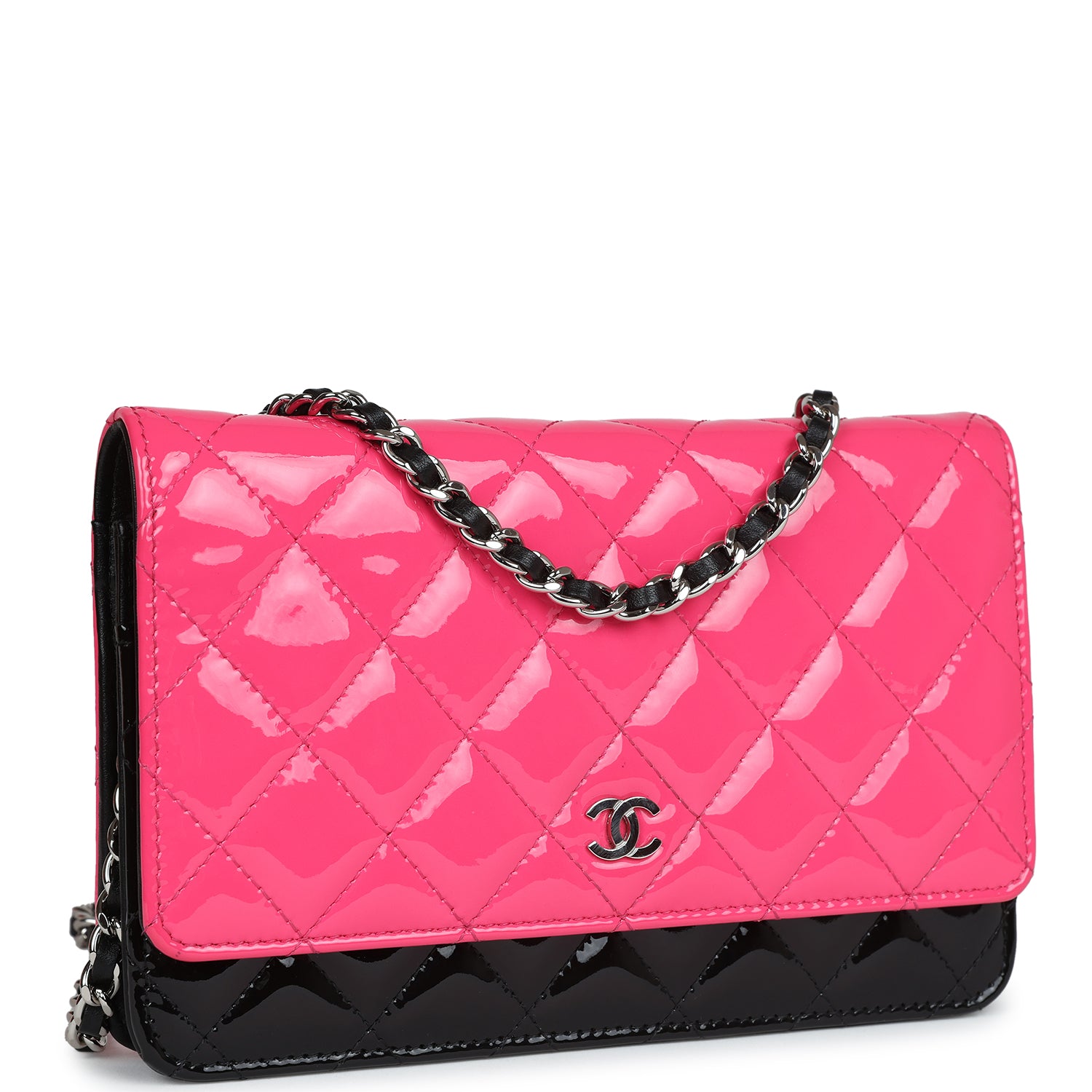 New Chanel Classic Wallet On Chain WOC Pink & Black Patent Leather Silver Hardware