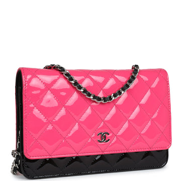New Chanel Classic Wallet On Chain WOC Pink & Black Patent Leather Silver Hardware