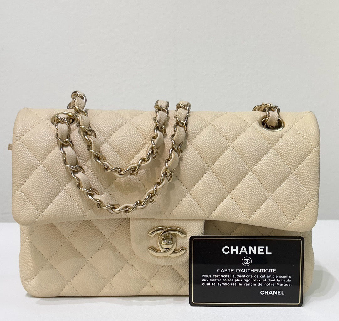 Chanel Small Classic Quilted Double Flap Ivory Light Beige 20C LGHW