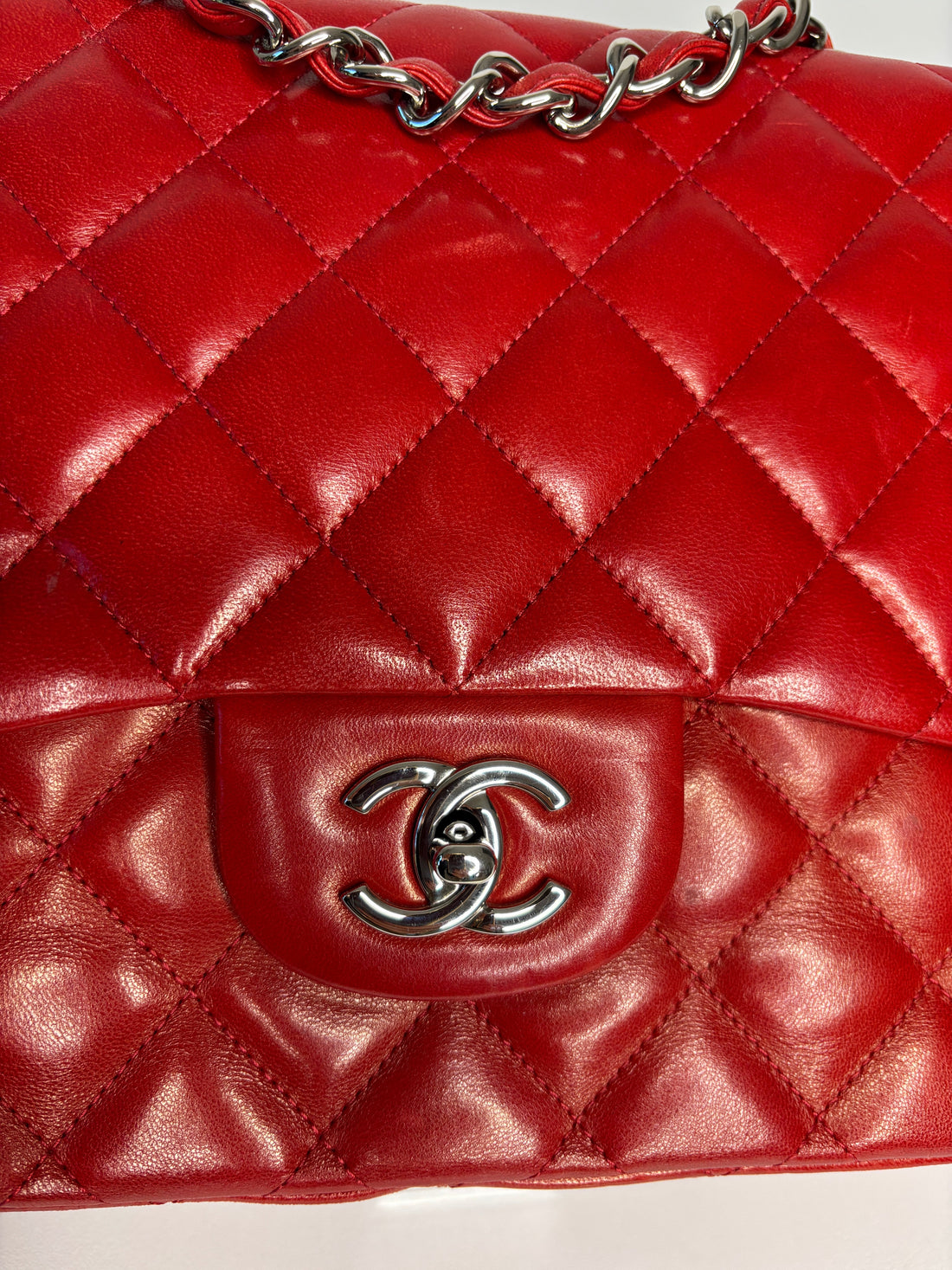 Chanel Jumbo Red Lambskin Classic Single Flap Shoulder Bag - Preloved