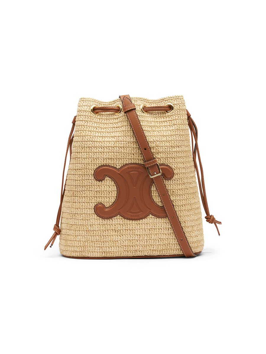 Small Triomphe Bucket Bag in Raffia and Calfskin
