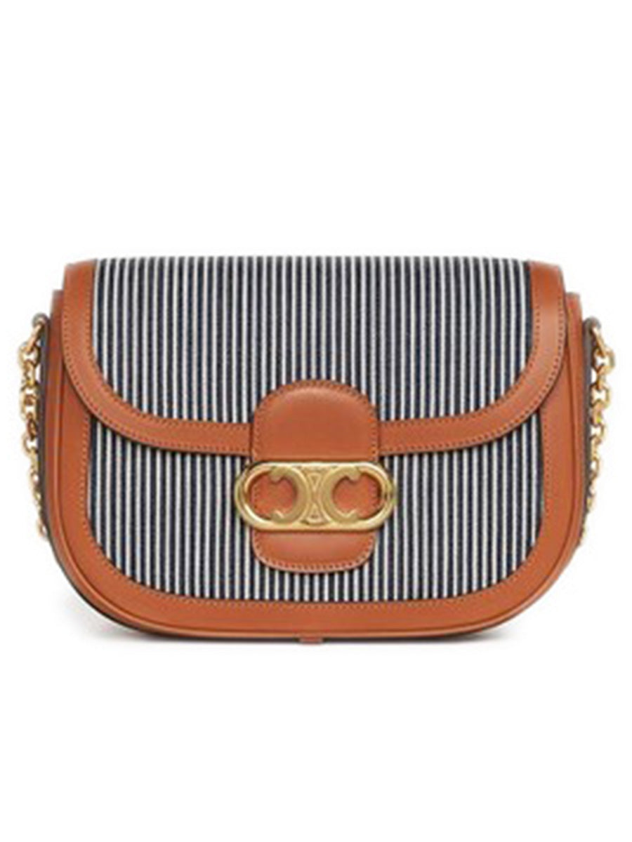 Medium Chain Maillon Triomphe Bag in Hickory Stripes Textiles & Calfskin