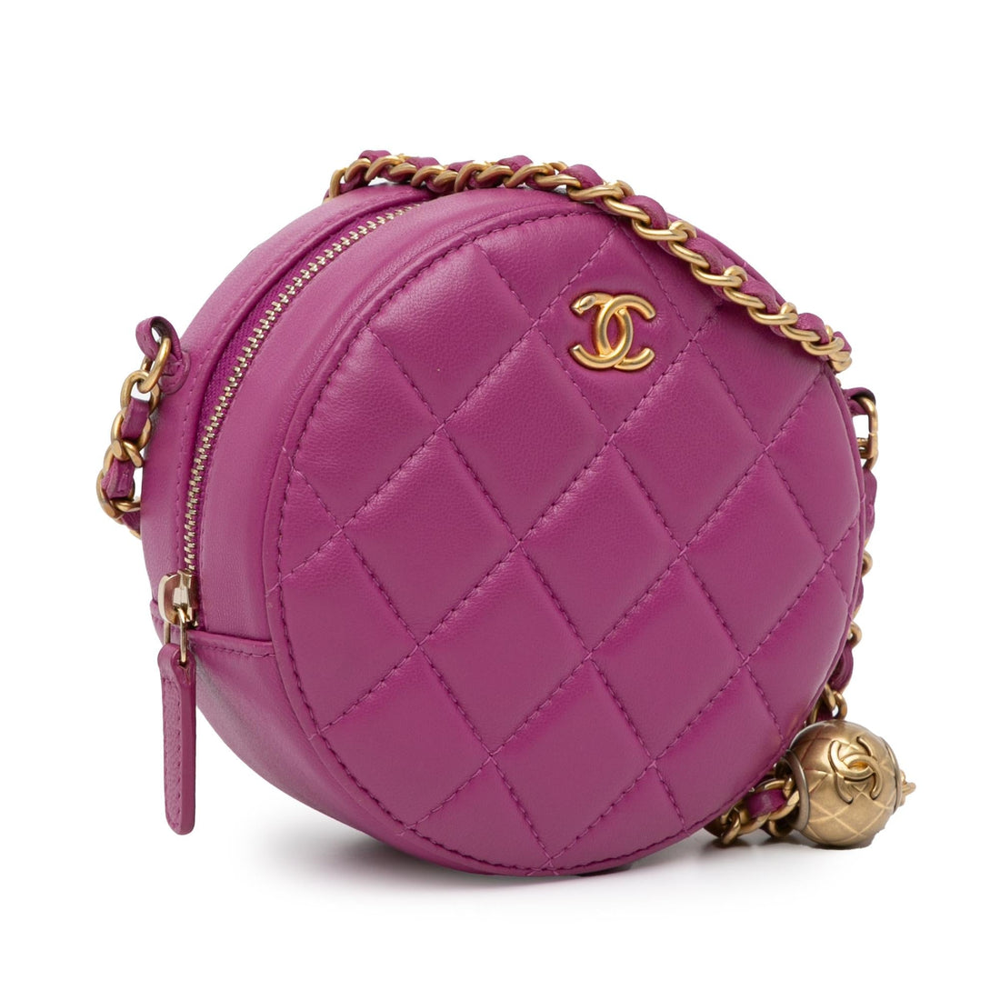 Chanel CC Quilted Lambskin Pearl Crush Round Clutch with Chain (SHG-oOV0JN)