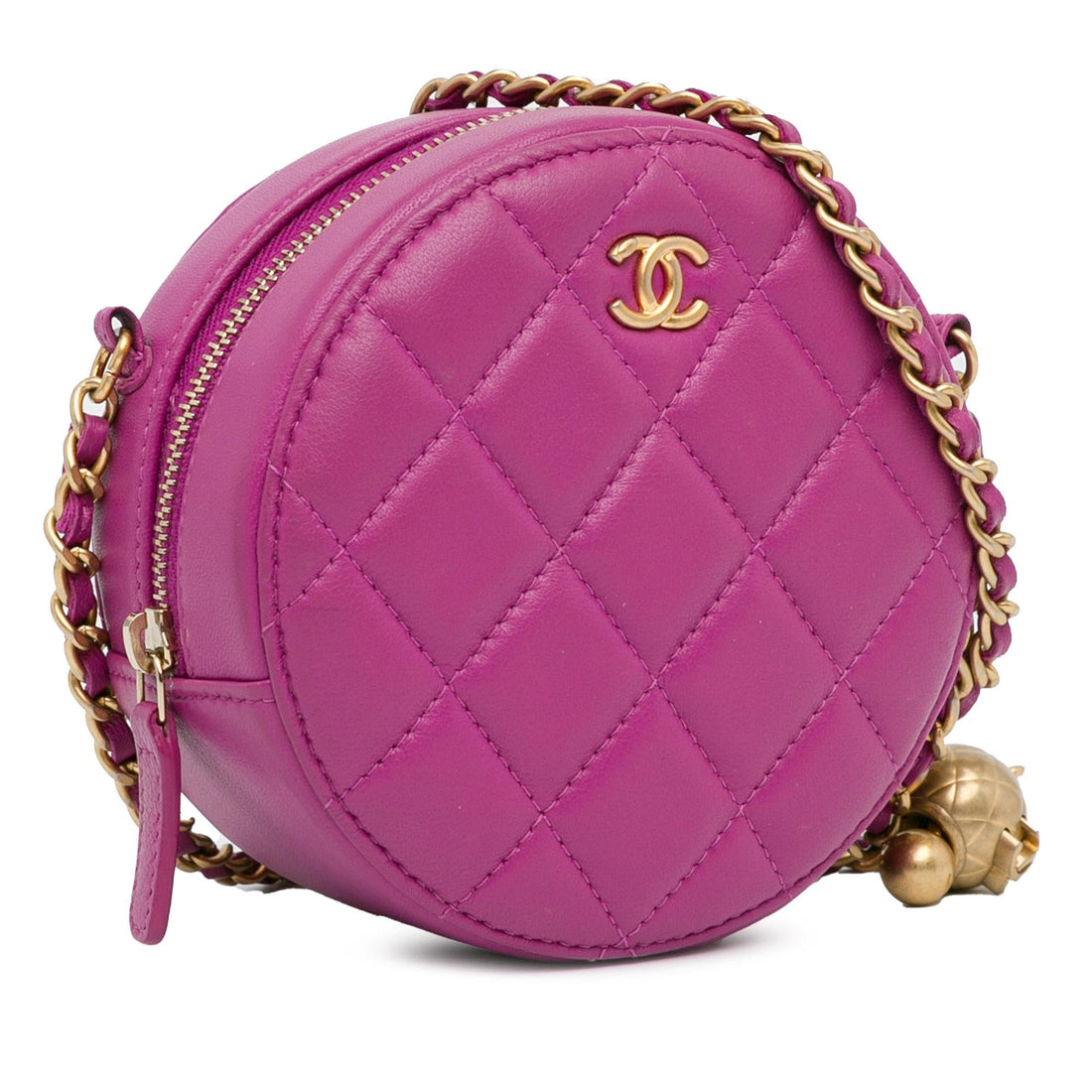 Chanel CC Quilted Lambskin Pearl Crush Round Clutch with Chain (SHG-y8BBxN)