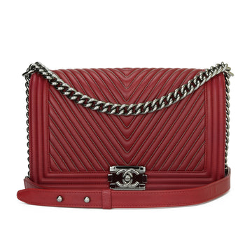 Top Quality Chanel New Medium Chevron Boy Dark Red Embroidered Calfskin Light Gunmetal Hardware 2014