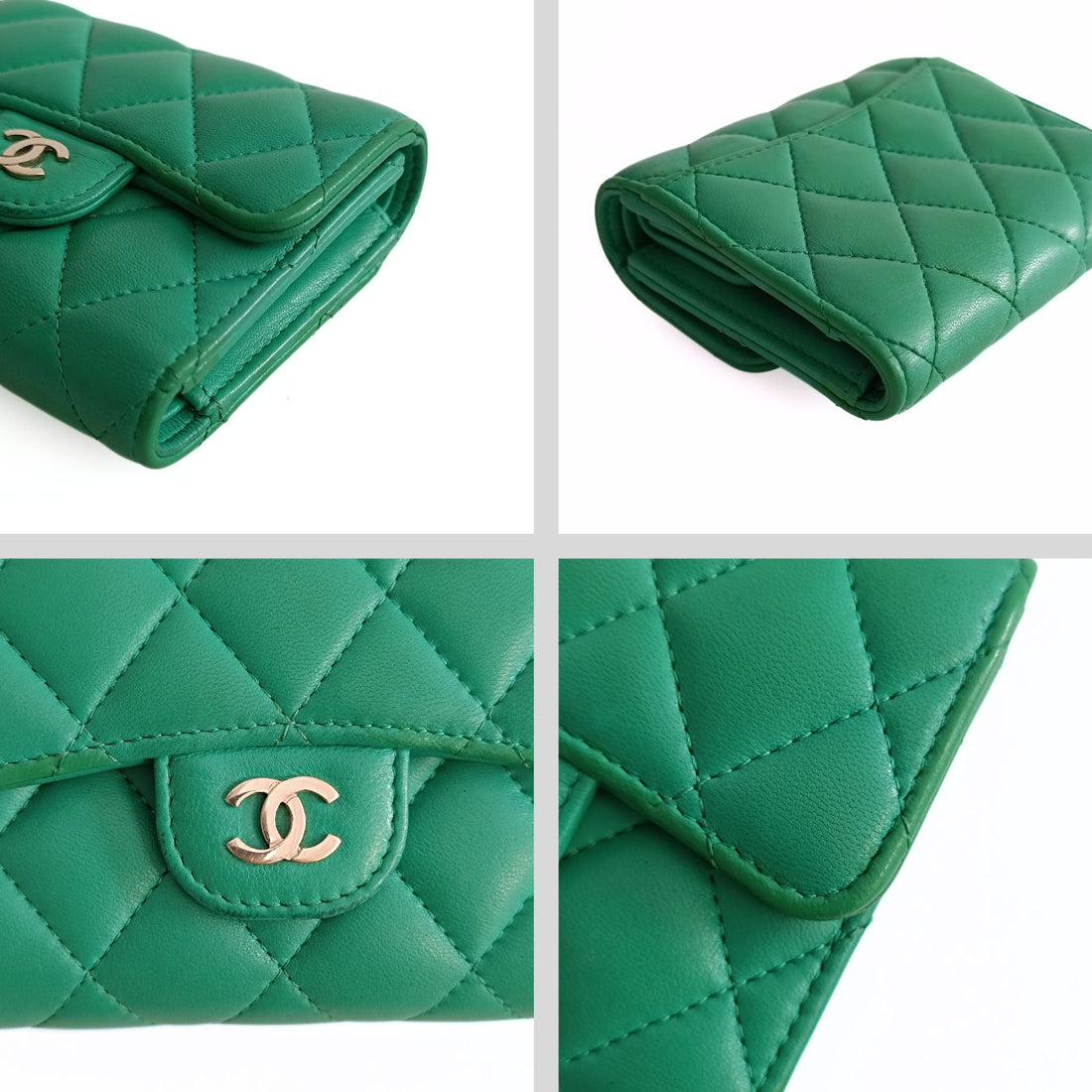 Top Quality Chanel compact trifold wallet in green leather