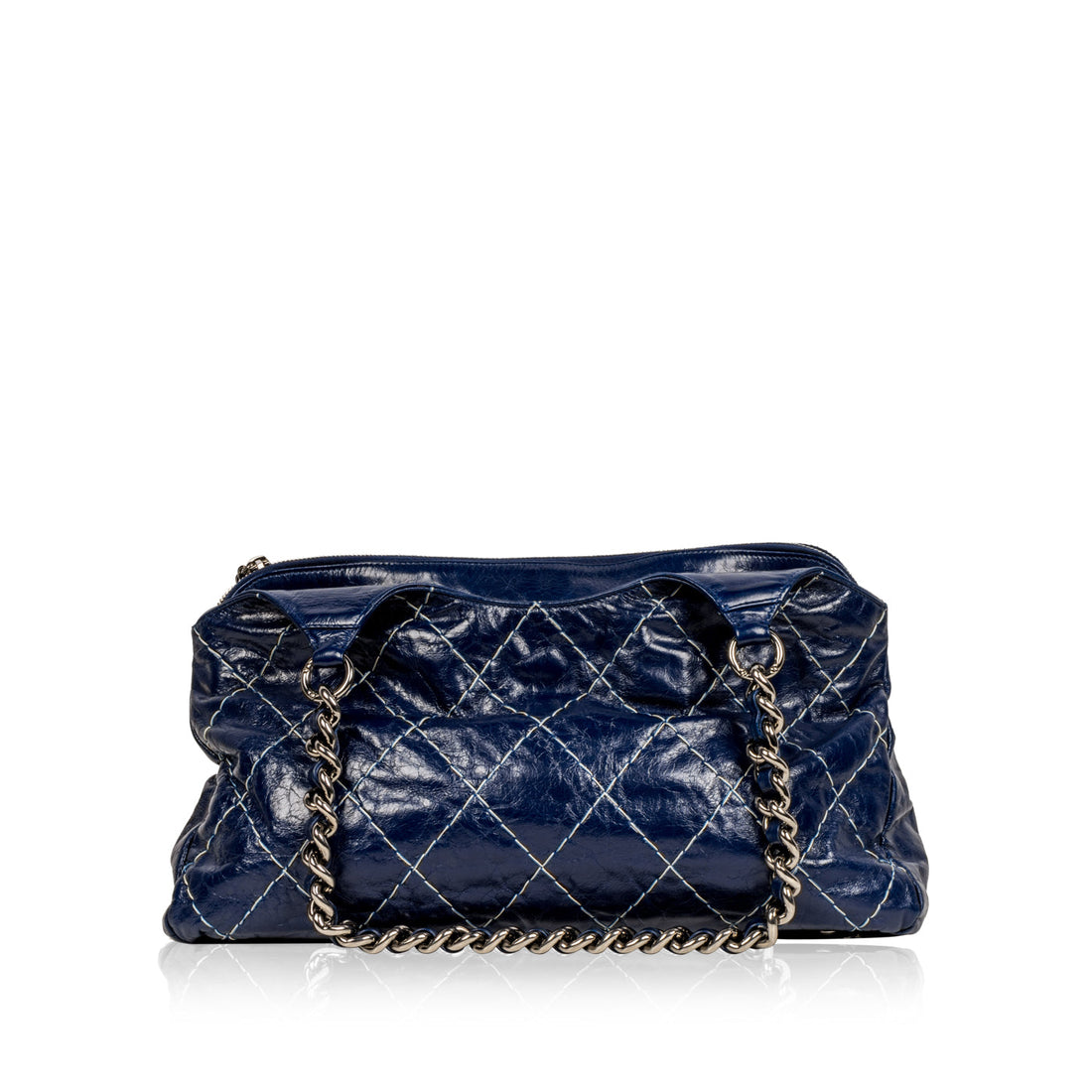 Chanel Blue Patent White Stitch Tote