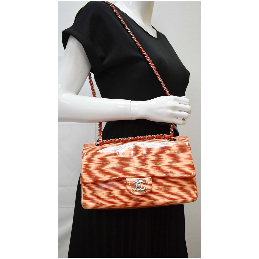 CHANEL Women Classic Medium Double Flap Striped Patent Leather Shoulder Bag White/Red