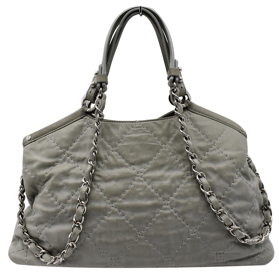 Chanel Wild Stitch CC Lambskin Leather Satchel Bag Light Grey
