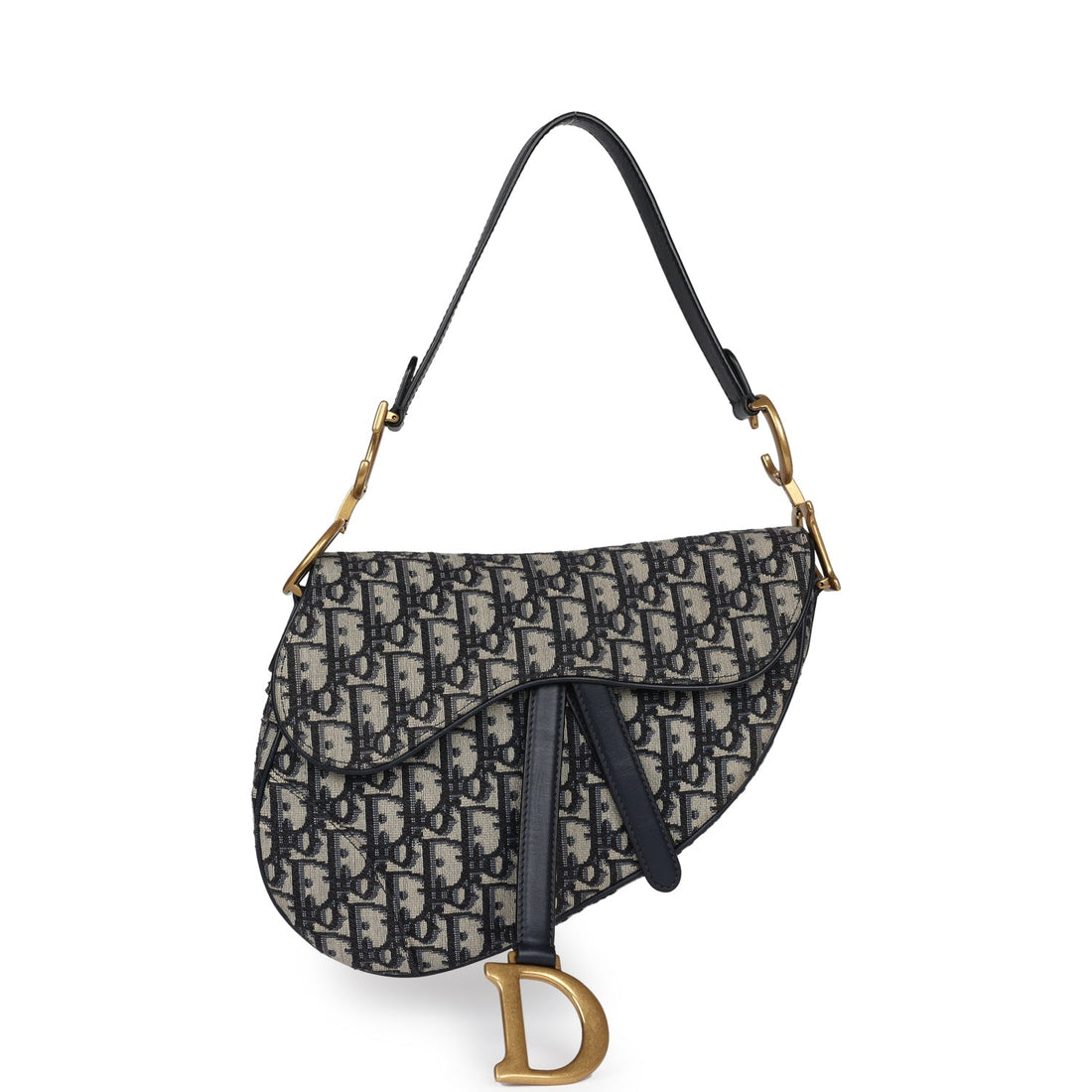 Christian Dior Saddle Bag Navy Blue Oblique Jacquard Antique Gold Hardware