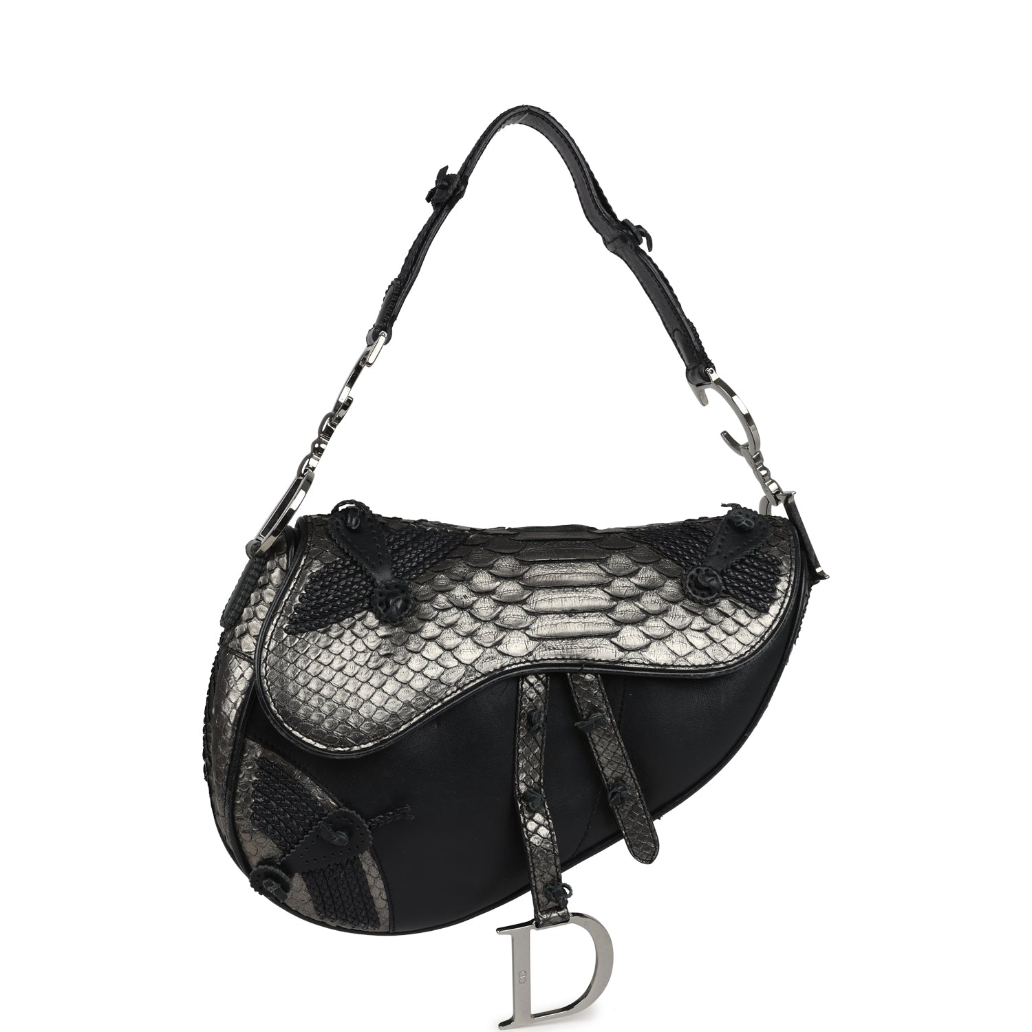 Vintage Christian Dior Saddle Bag Gunmetal Python and Black Leather Silver Hardware