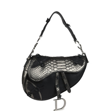 Vintage Christian Dior Saddle Bag Gunmetal Python and Black Leather Silver Hardware