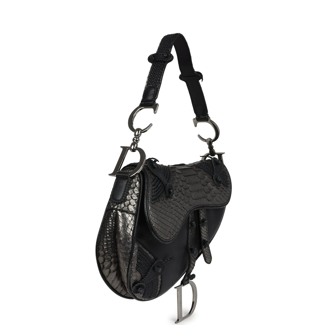 Vintage Christian Dior Saddle Bag Gunmetal Python and Black Leather Silver Hardware
