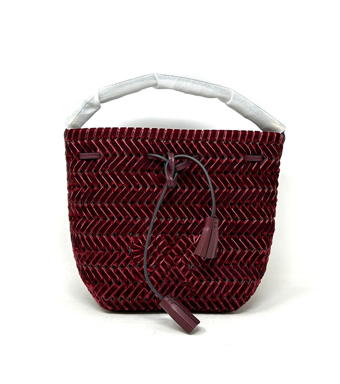 Anya Hindmarch Neeson Oxblood Velvet Woven Drawstring Bucket Bag