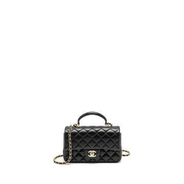 Chanel Top Handle Mini Rectangular Flap Bag Lambskin Black LGHW (Microchip)