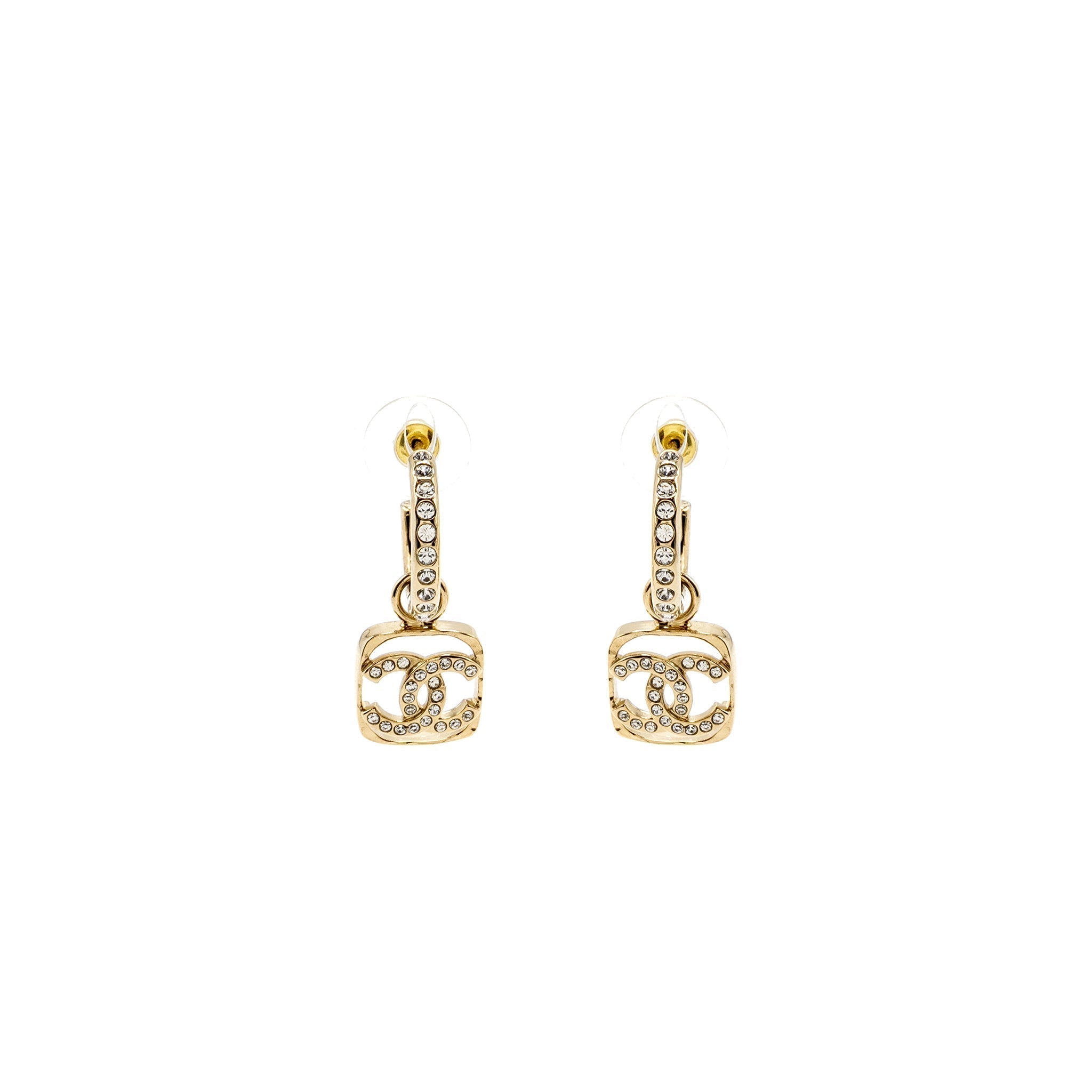 Chanel Square CC Logo Dropped Earrings Crystal Light Gold Tone