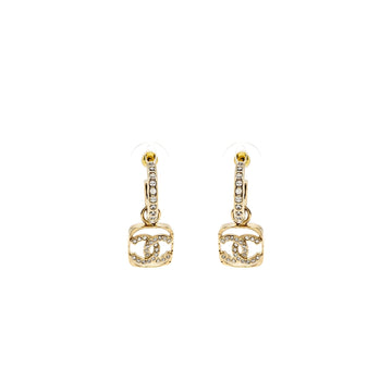 Chanel Square CC Logo Dropped Earrings Crystal Light Gold Tone