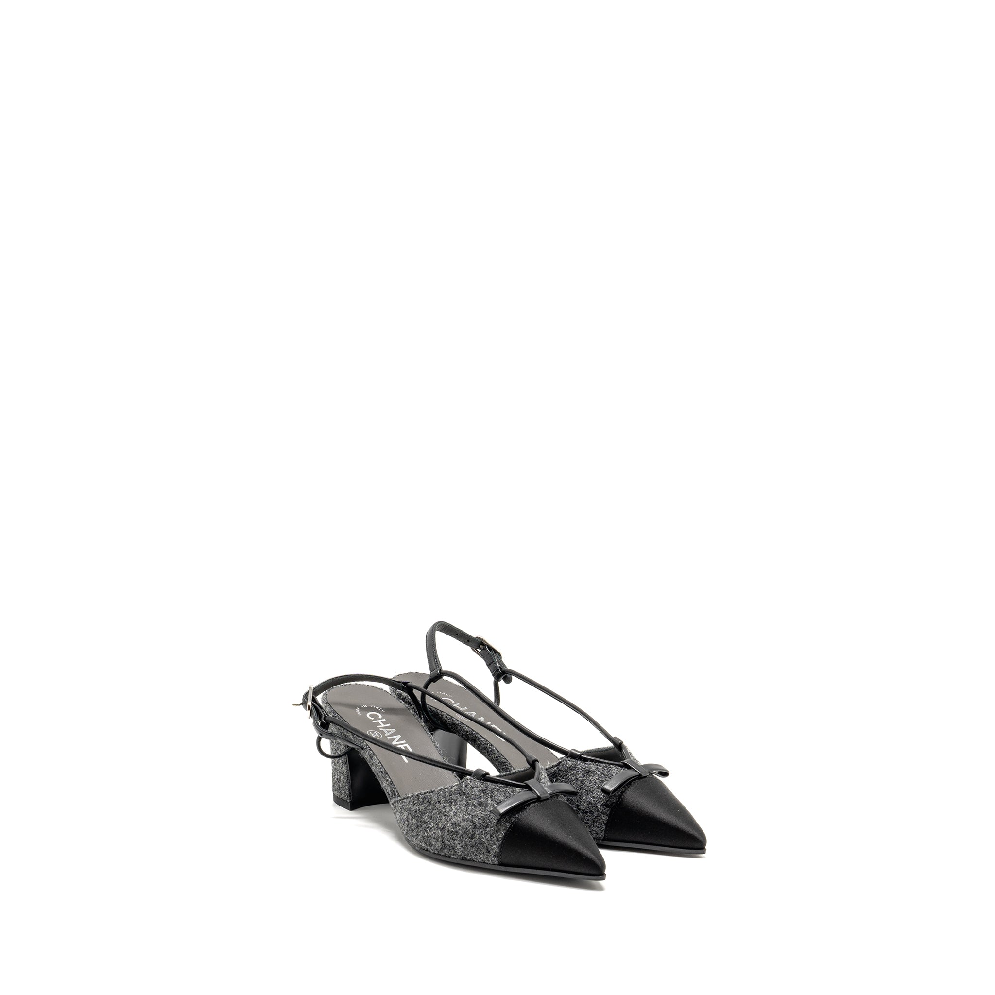 Chanel Size 37.5 Cap Toe CC Slingback Pumps Tweed Grey/Black