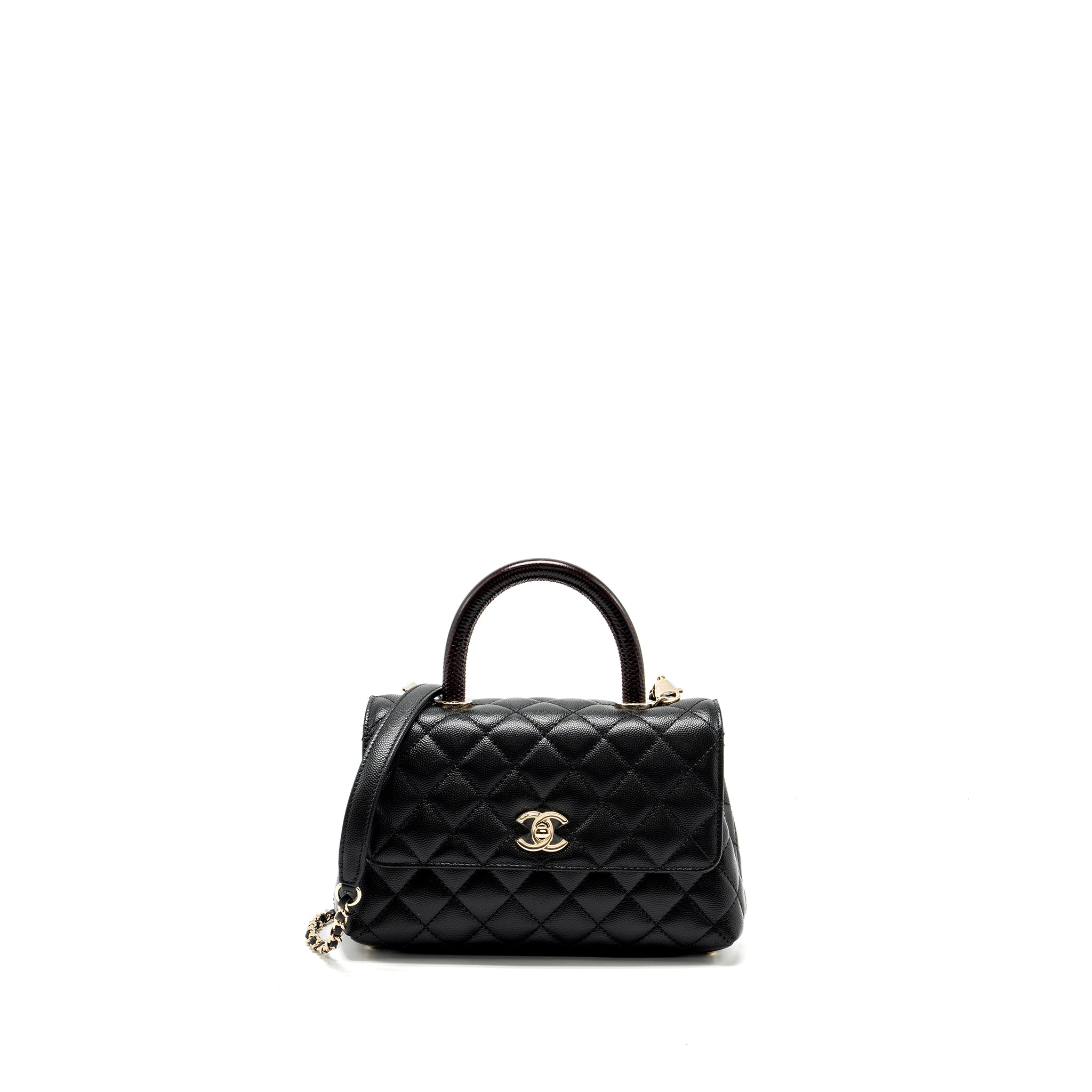 Chanel small coco handle with lizard embossed handle caviar black LGHW (microchip)