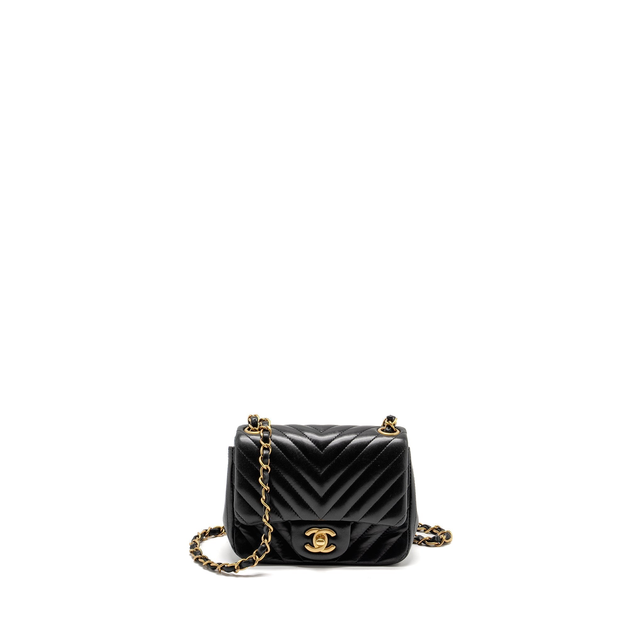 Chanel Mini Square Chevron Flap Bag Lambskin Black GHW