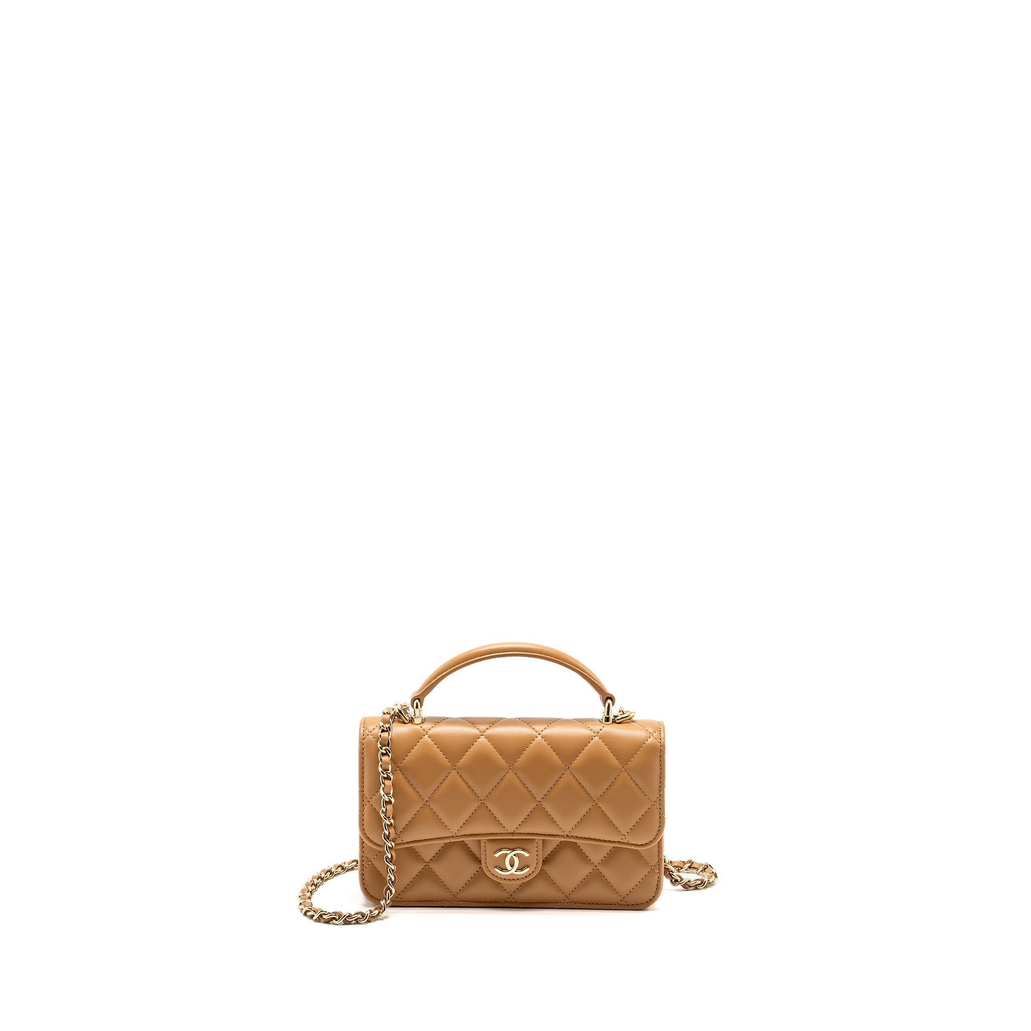 Chanel Top Handle Mini Flap Bag Lambskin Caramel LGHW (Microchip)