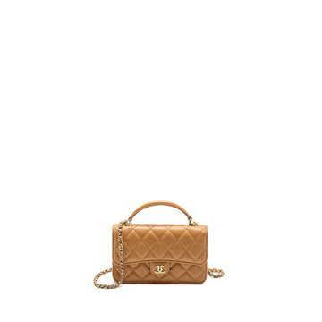 Chanel Top Handle Mini Flap Bag Lambskin Caramel LGHW (Microchip)