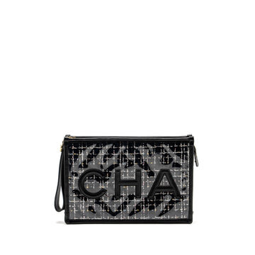 Chanel Letter Logo Clutch Bag Tweed PVC/Lambskin Black LGHW