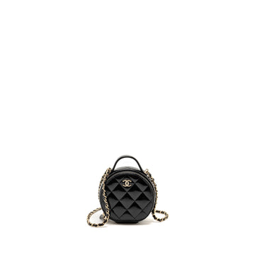 Chanel 22B Top Handle Mini Round Vanity Case With Chain Shiny Lambskin Black LGHW (Microchip)