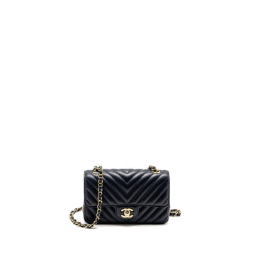 Chanel Mini Rectangular Flap Bag Chevron Lambskin Navy LGHW