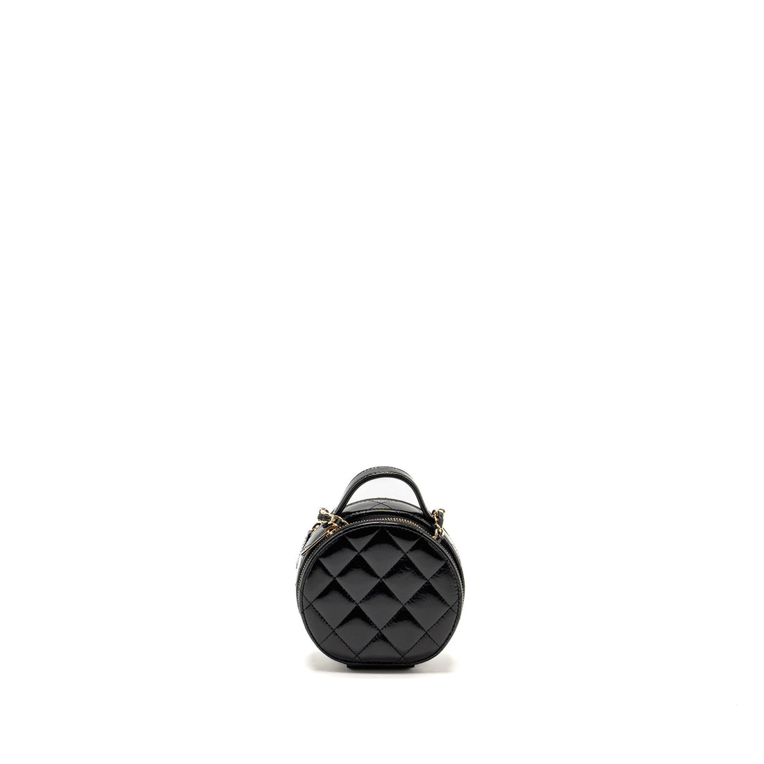 Chanel 22B Top Handle Mini Round Vanity Case With Chain Shiny Lambskin Black LGHW (Microchip)
