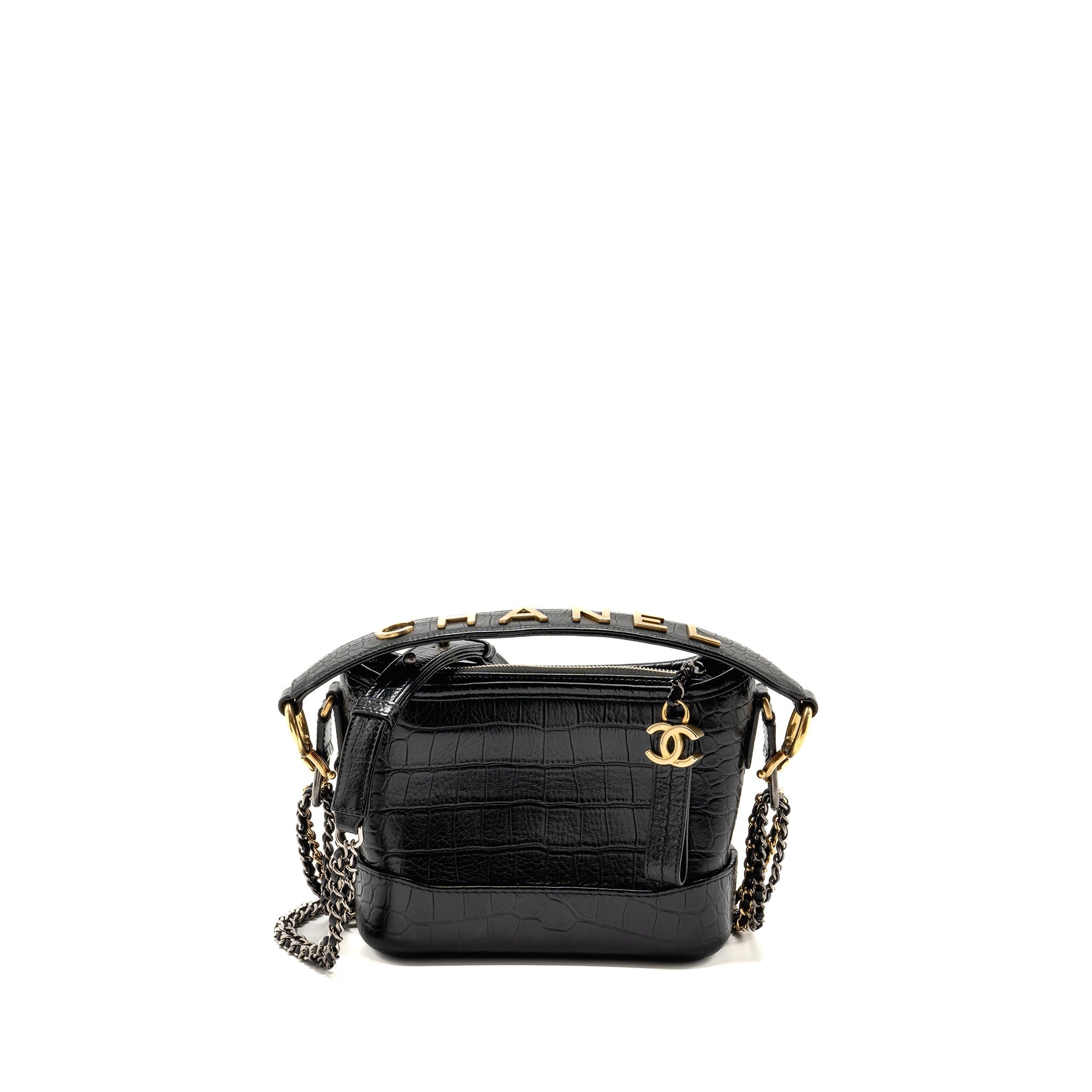 Chanel Small Gabrielle Hobo Bag With Top Handle Croc-embossed Calfskin Black Multicolour Hardware