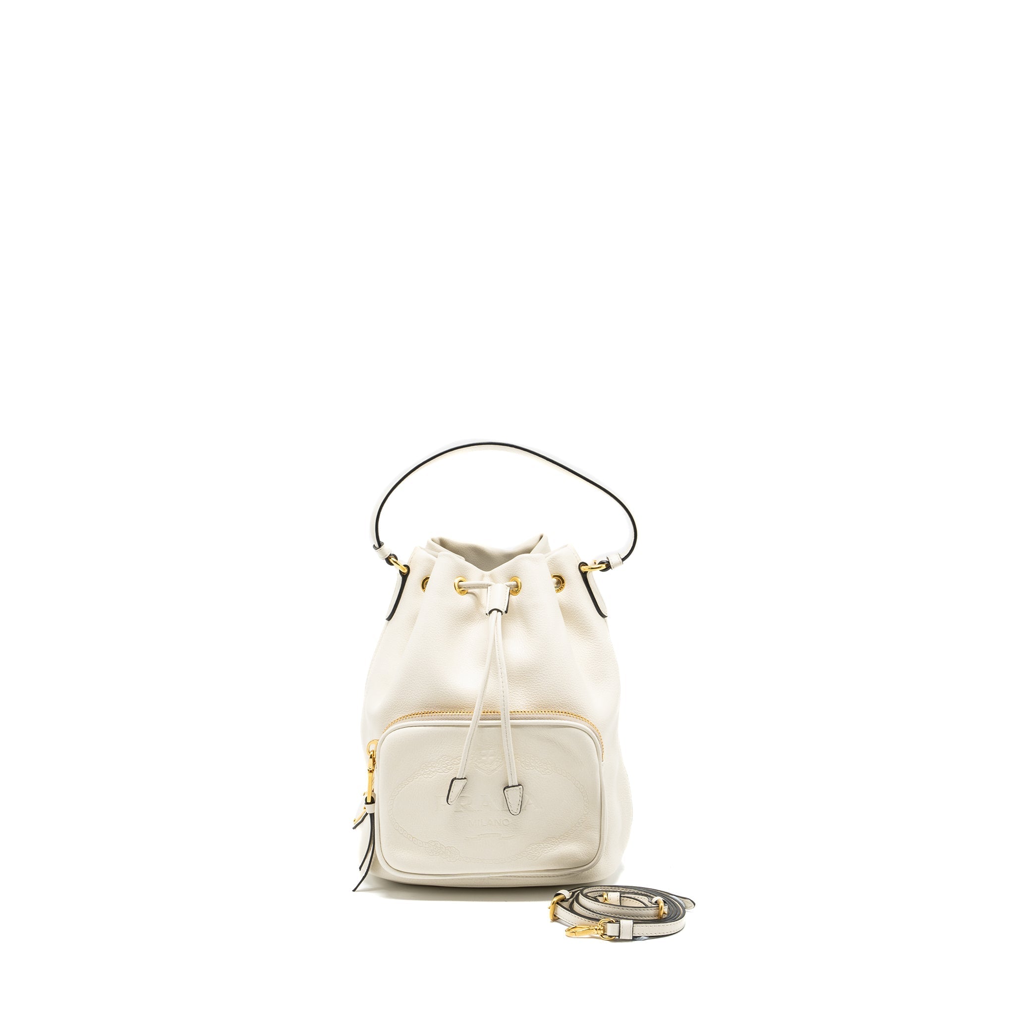 Prada Drawstring Bucket Bag Calfskin White GHW