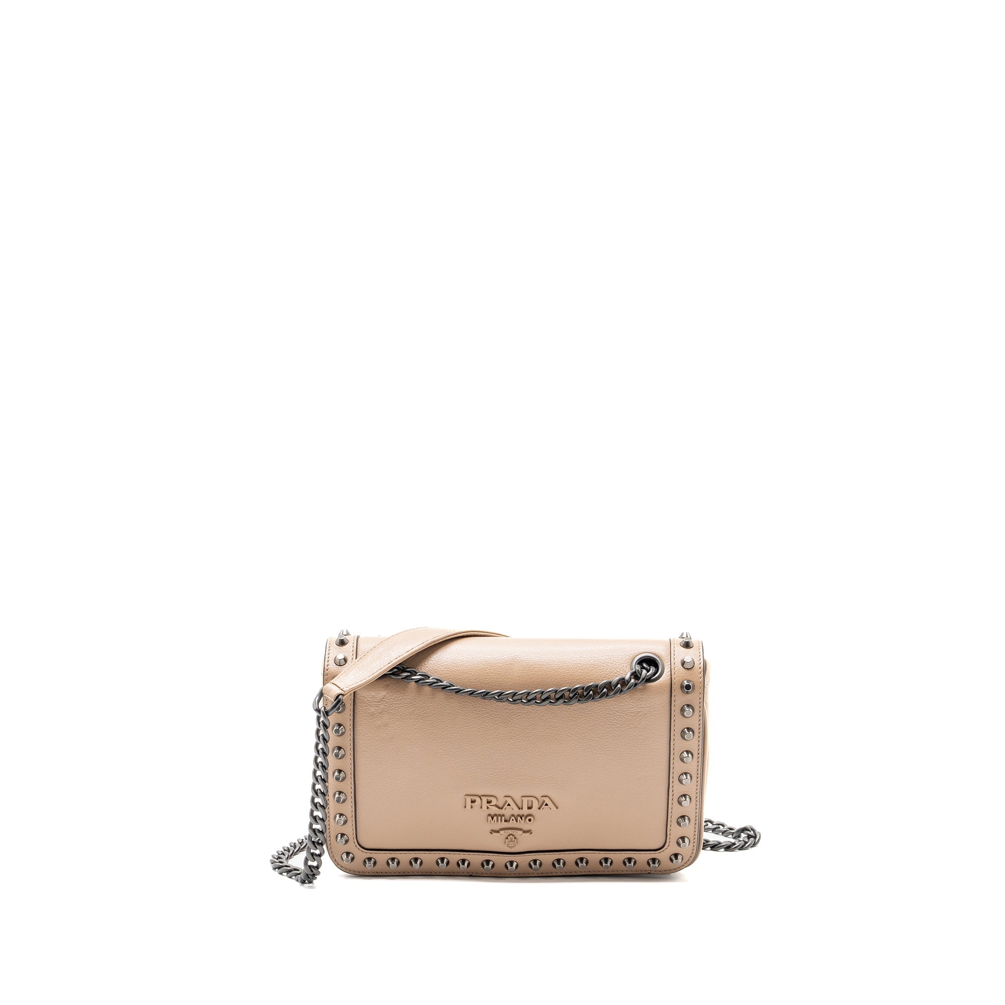 Prada Pattina Glace Studded Bag Calfskin Beige /Black Hardware