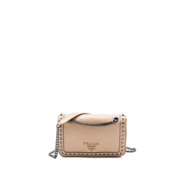 Prada Pattina Glace Studded Bag Calfskin Beige /Black Hardware