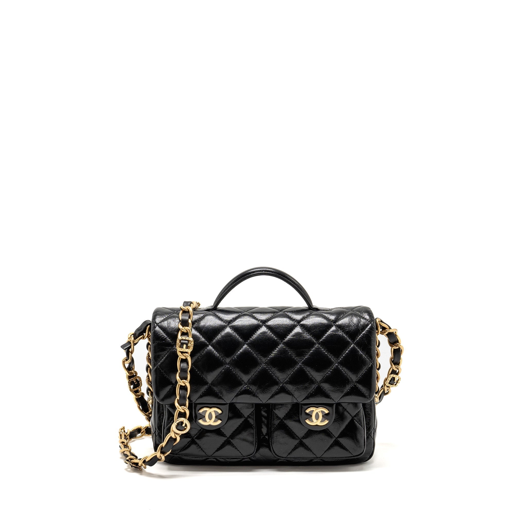 Chanel Double pocket top handle messanger bag shiny calfskin black GHW (microchip )