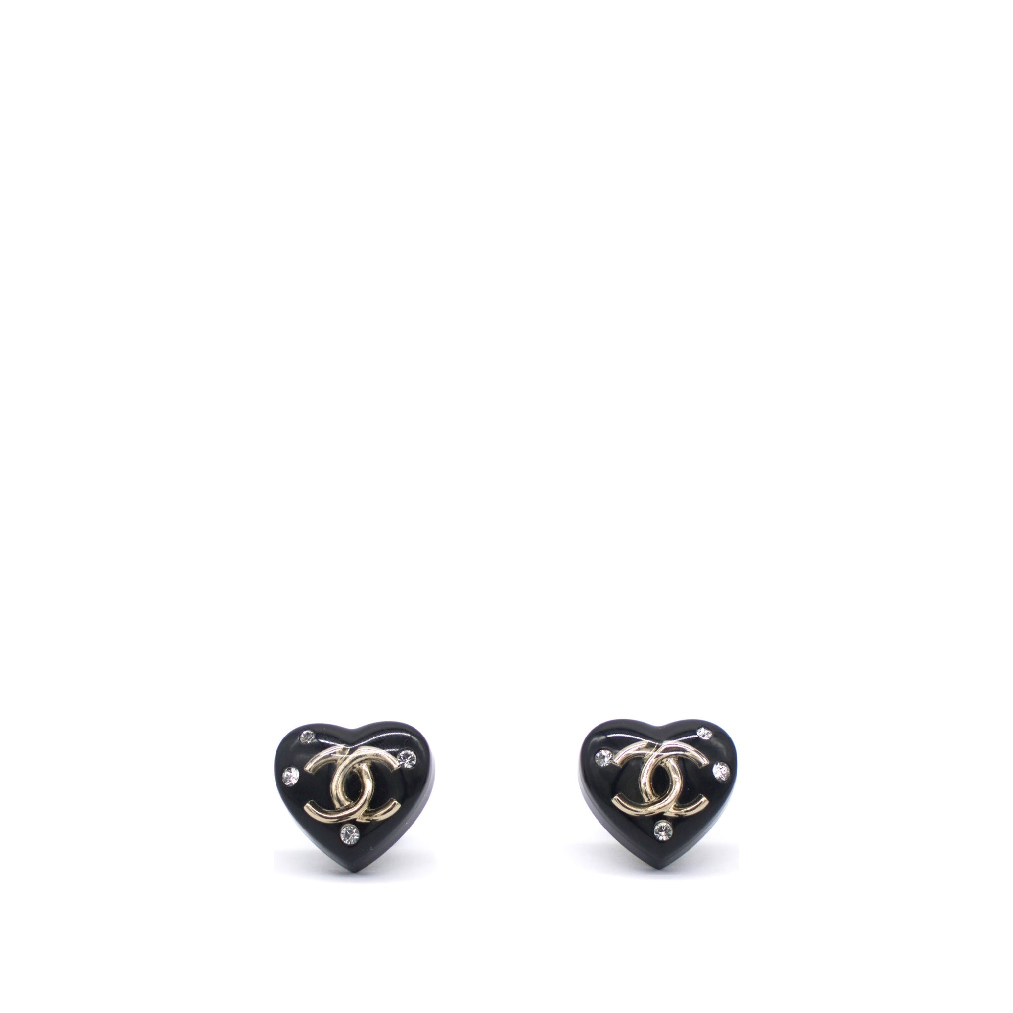 Chanel Resin Crystal CC Heart Earrings Black Gold