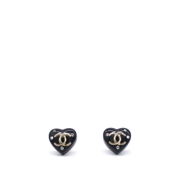 Chanel Resin Crystal CC Heart Earrings Black Gold